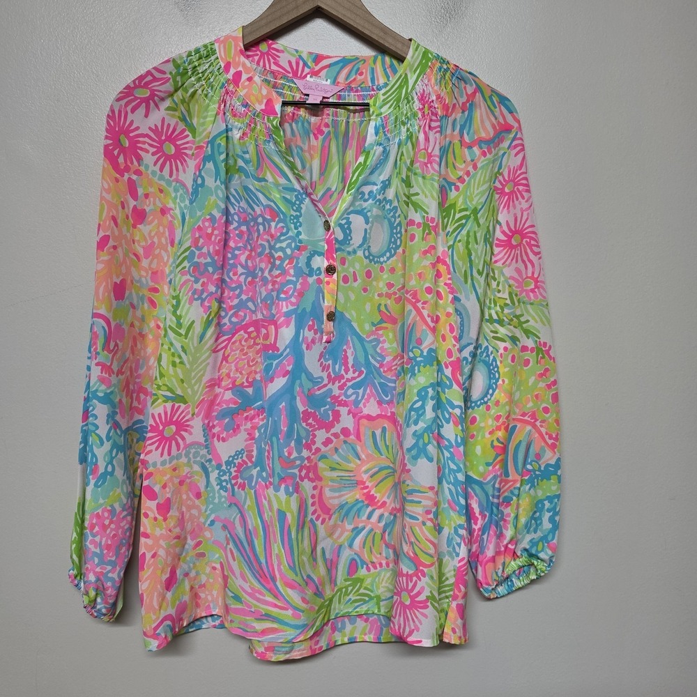 Lilly Pulitzer Elsa Top Womens‎ XS Multicolor Silk Lovers Coral Resort Vacation
